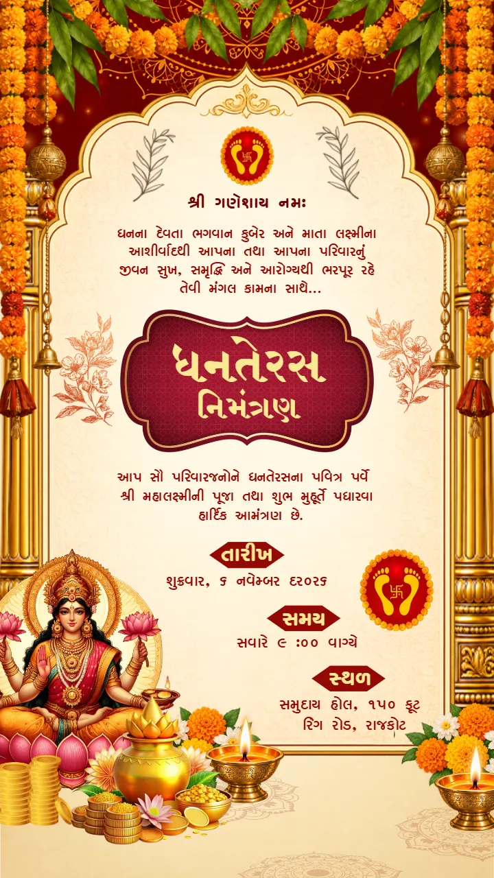 Dhanteras Invitation Card in Gujarati for Lakshmi Puja