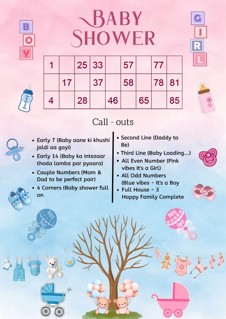 Printable Tambola Ticket for Baby Shower Game Design