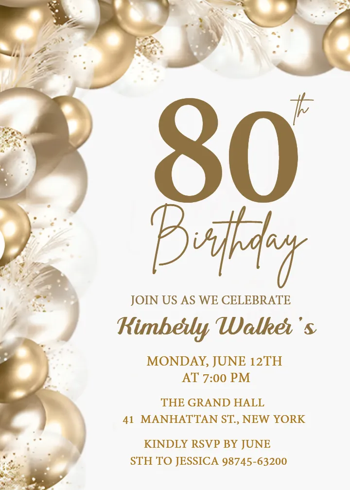 80th Birthday Invitation Card with Golden Balloon Theme