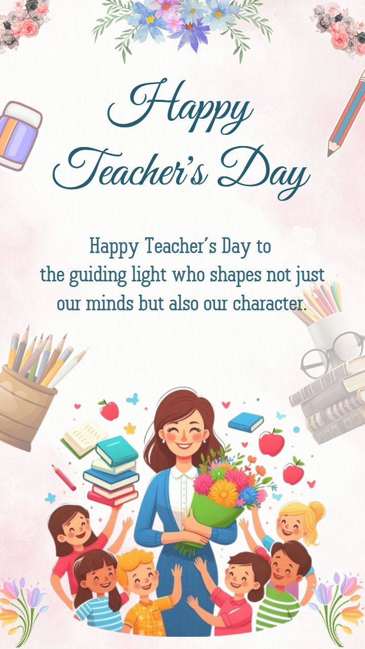 Creative Happy Teachers Day design with books and kids