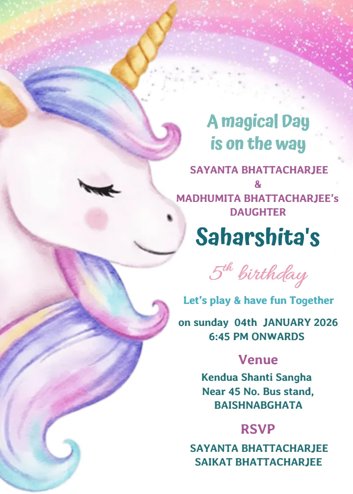 5th Birthday Invitation Card in English Unicon Theme