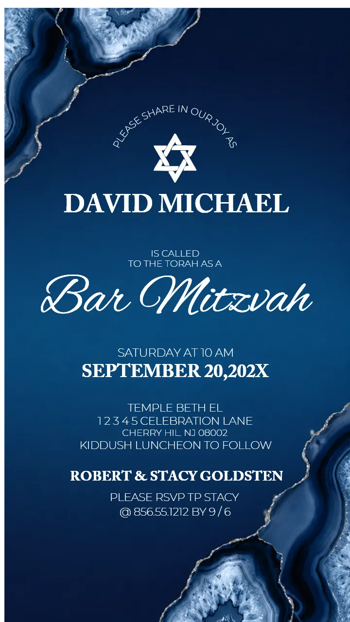 Bar Bat Mitzvah Invitation Elegant Navy Blue Agate Design