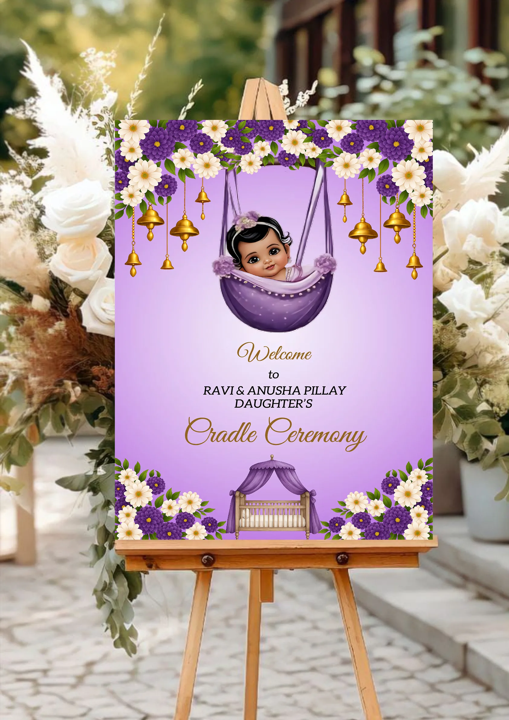 Purple Colored Cradle Ceremony Standee For Baby Girl