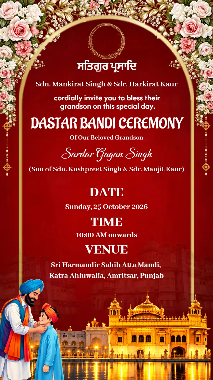 Dastar Bandi Invitation Template with Traditional Rose Decor