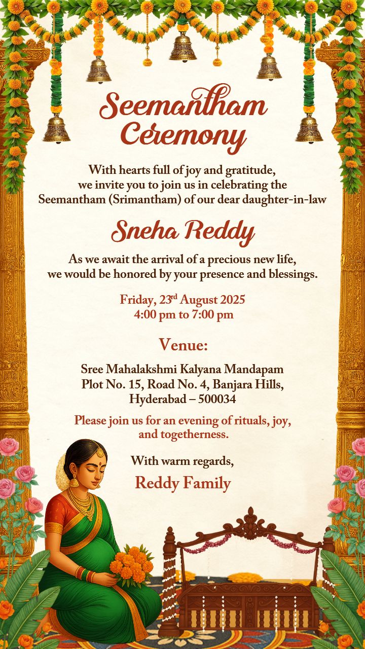 Graceful Seemantham Ceremony Invite Video with Floral Arch