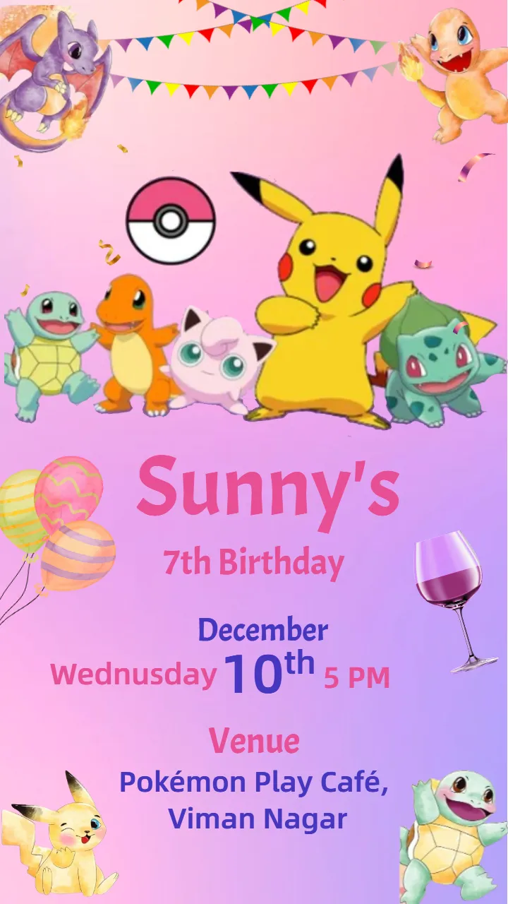 7th Birthday Invitation Card with Pokemon Theme for Boys