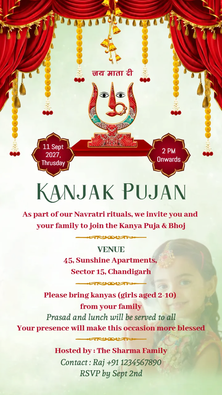 Kanjak Pujan Invitation Card in English for Ashtami Pooja