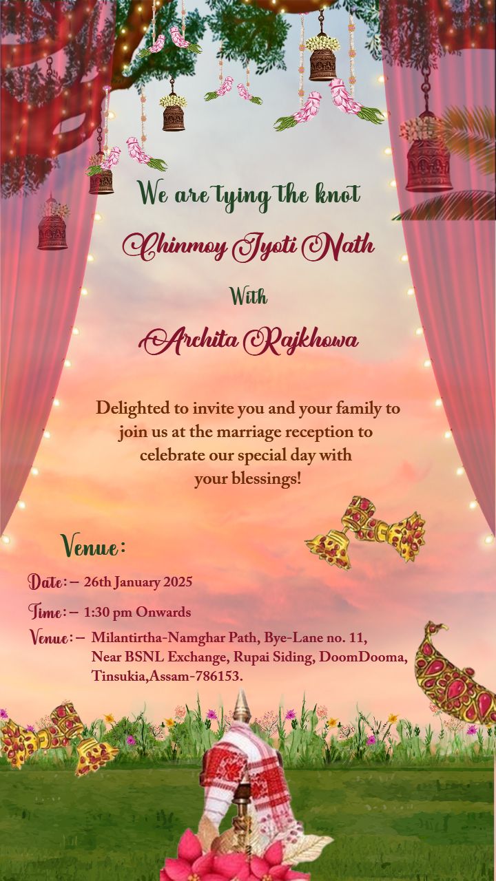 Assamese Wedding Invitation Card With Sunset Background