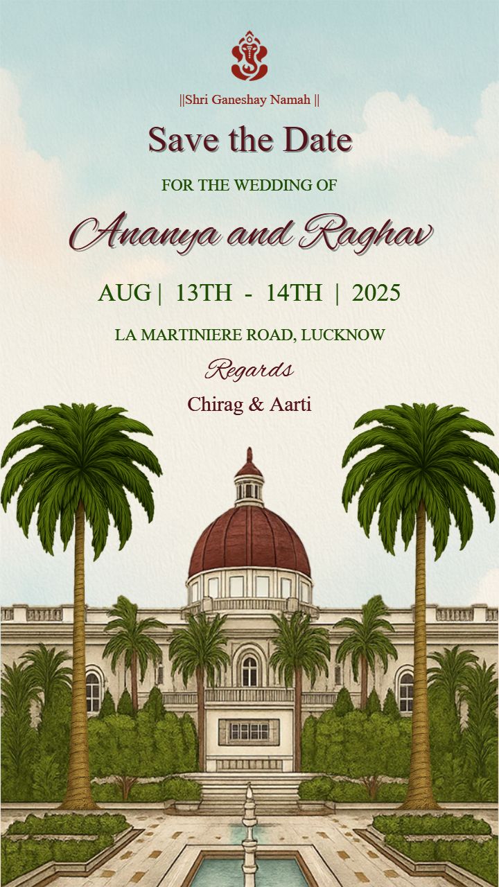 Royal theme save the date video with palace illustration