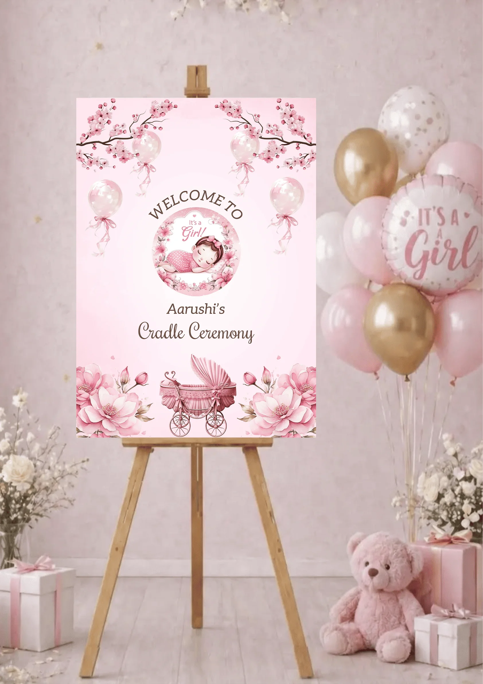 Pink Colored Cradle Ceremony Welcome Board Of New Born Baby