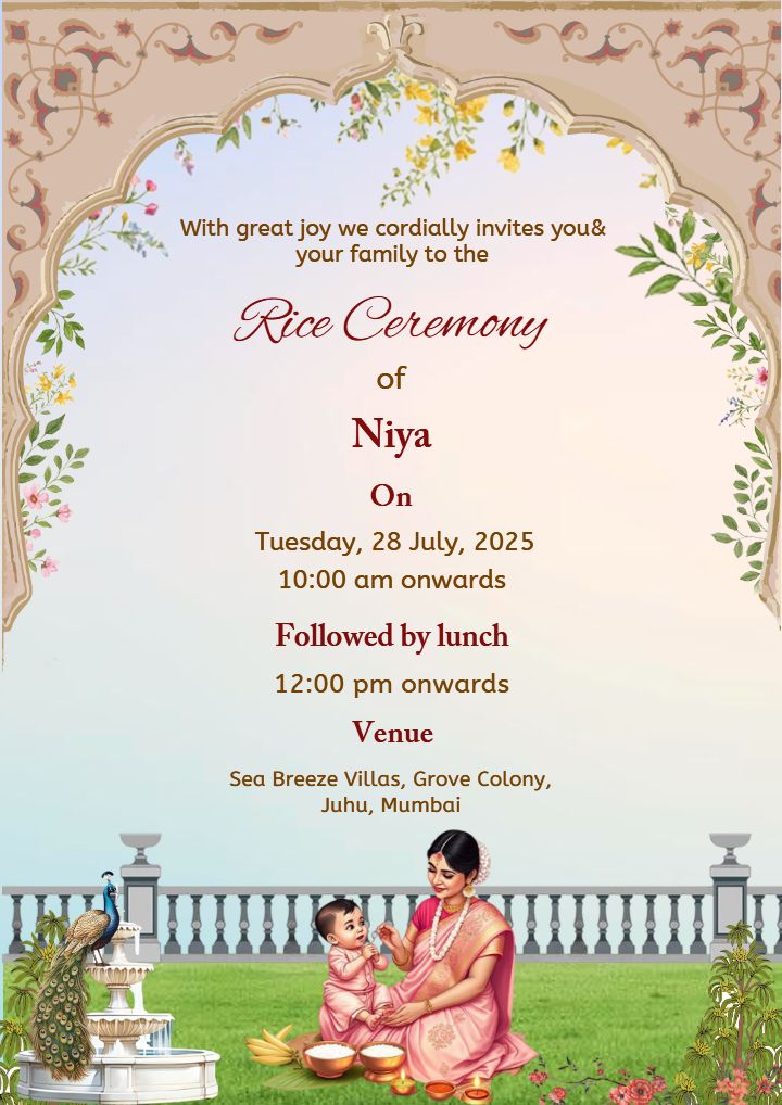 Girl Rice Ceremony Invite with Fountain Scene