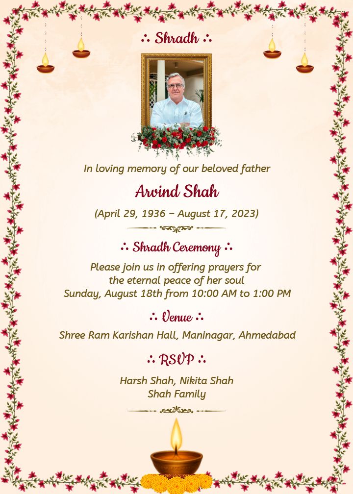 Elegant Shraddha Card in English with Floral Border Design