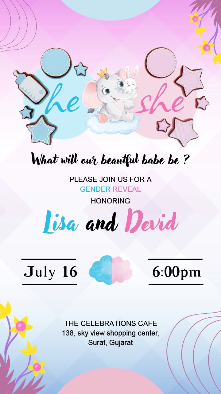Gender Reveal Invitation with Baby Elephant and Stars