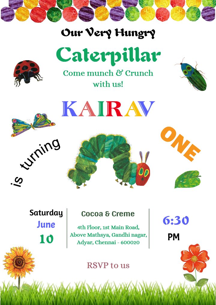 Colorful Hungry Caterpillar Invitation Card 1st for Birthday
