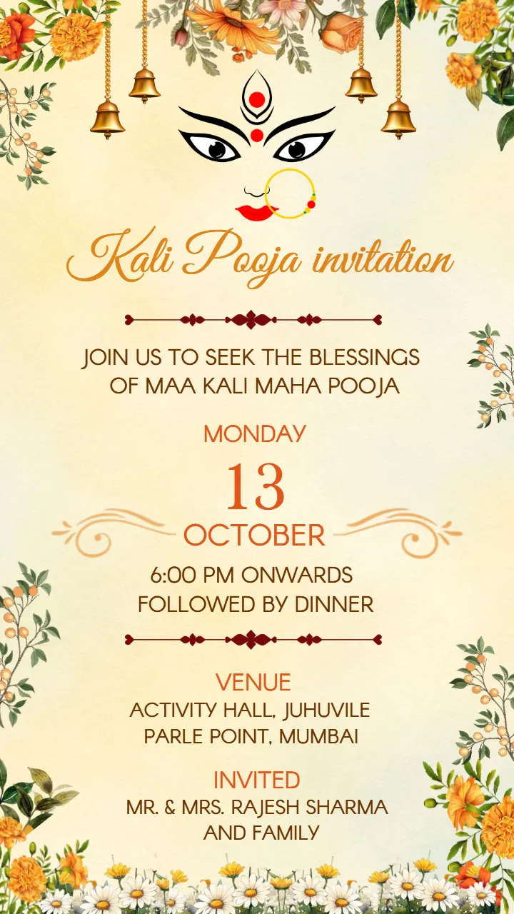 Free Kali Pooja Invite card with Yellow Floral Theme