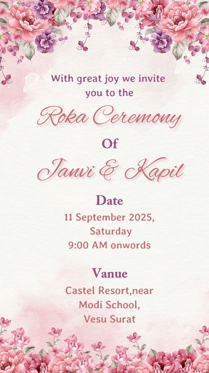 Botanical Roka Ceremony Card with Purple Flowers and Peony Accents