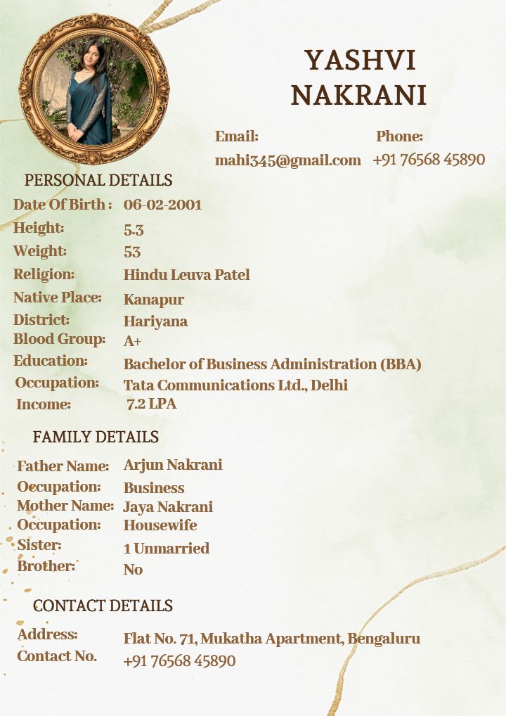 Stylish Marriage Biodata for Female with Image