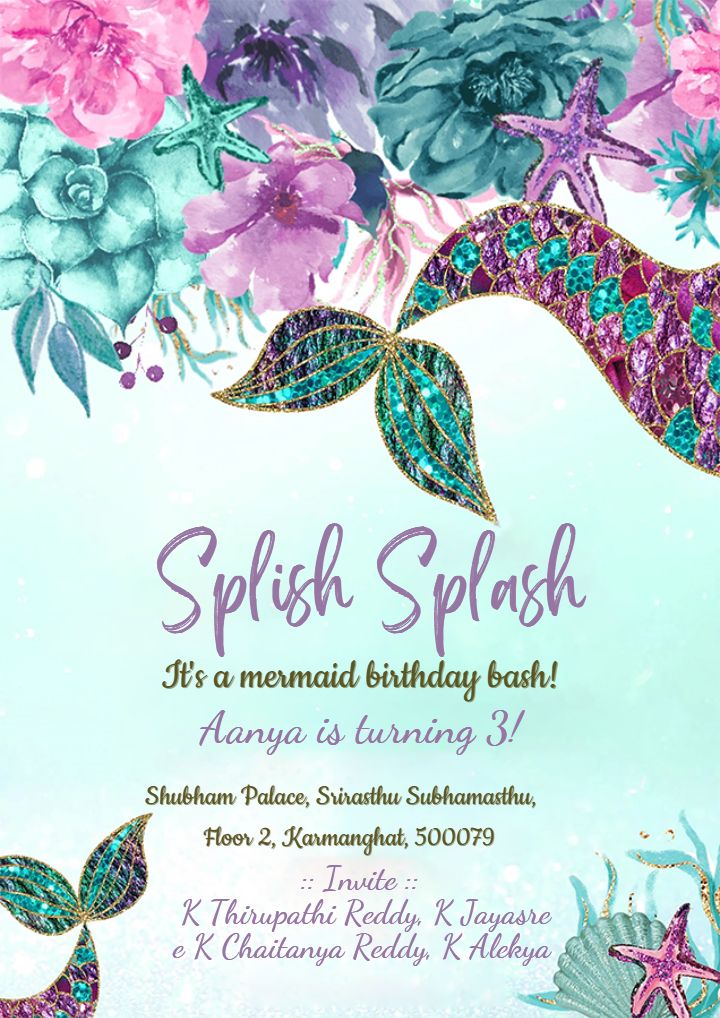 Mermaid Themed 3rd Birthday Invitation Party For Girls