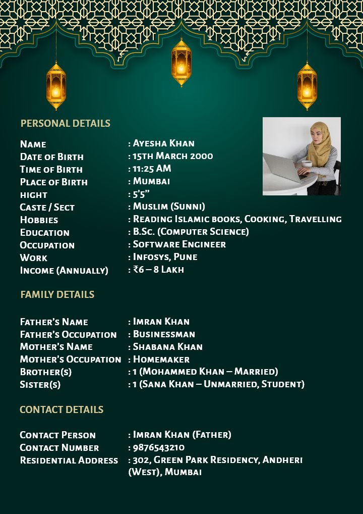 Creative Muslim Biodata for Marriage in Stylish Layout
