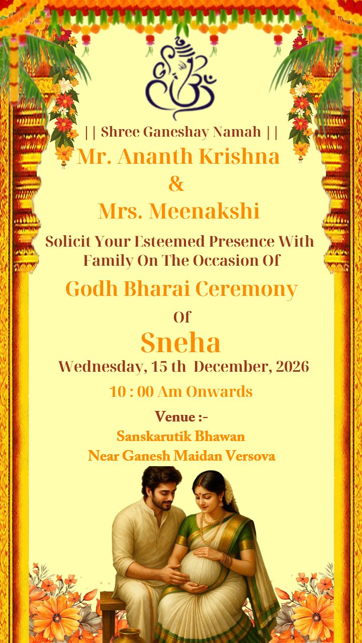 Beautiful Godh Bharai Function Invitation Card In English With Couple