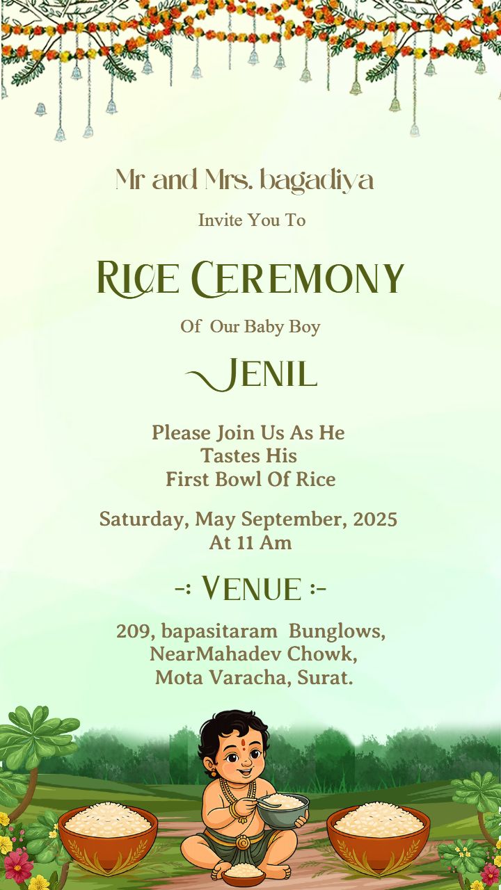 Green Theme Rice Ceremony Invitation Templates Online