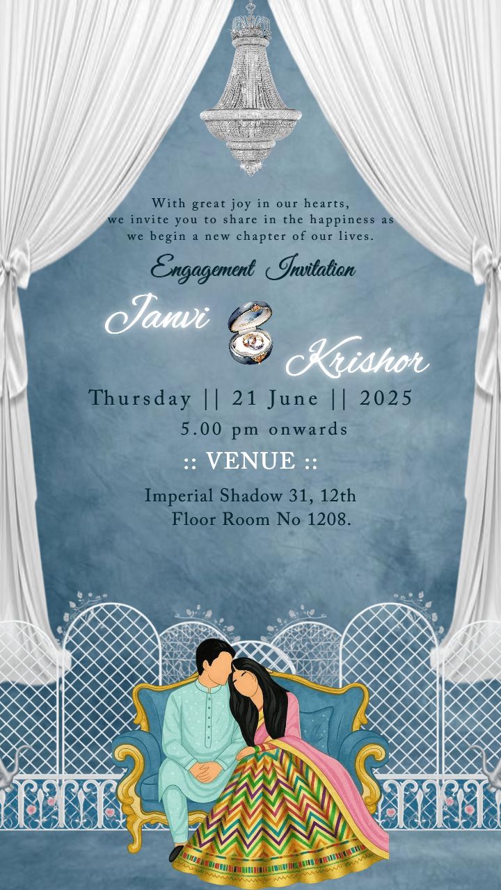 Luxury Themed Engagement invitation Card with Chandelier and Curtains