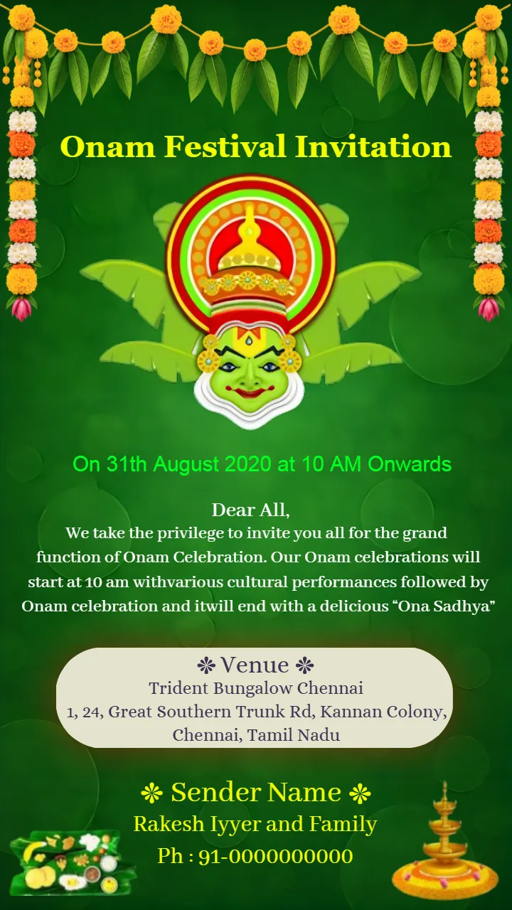 Onam Invitation Card with Kathakali and Floral Festive Style