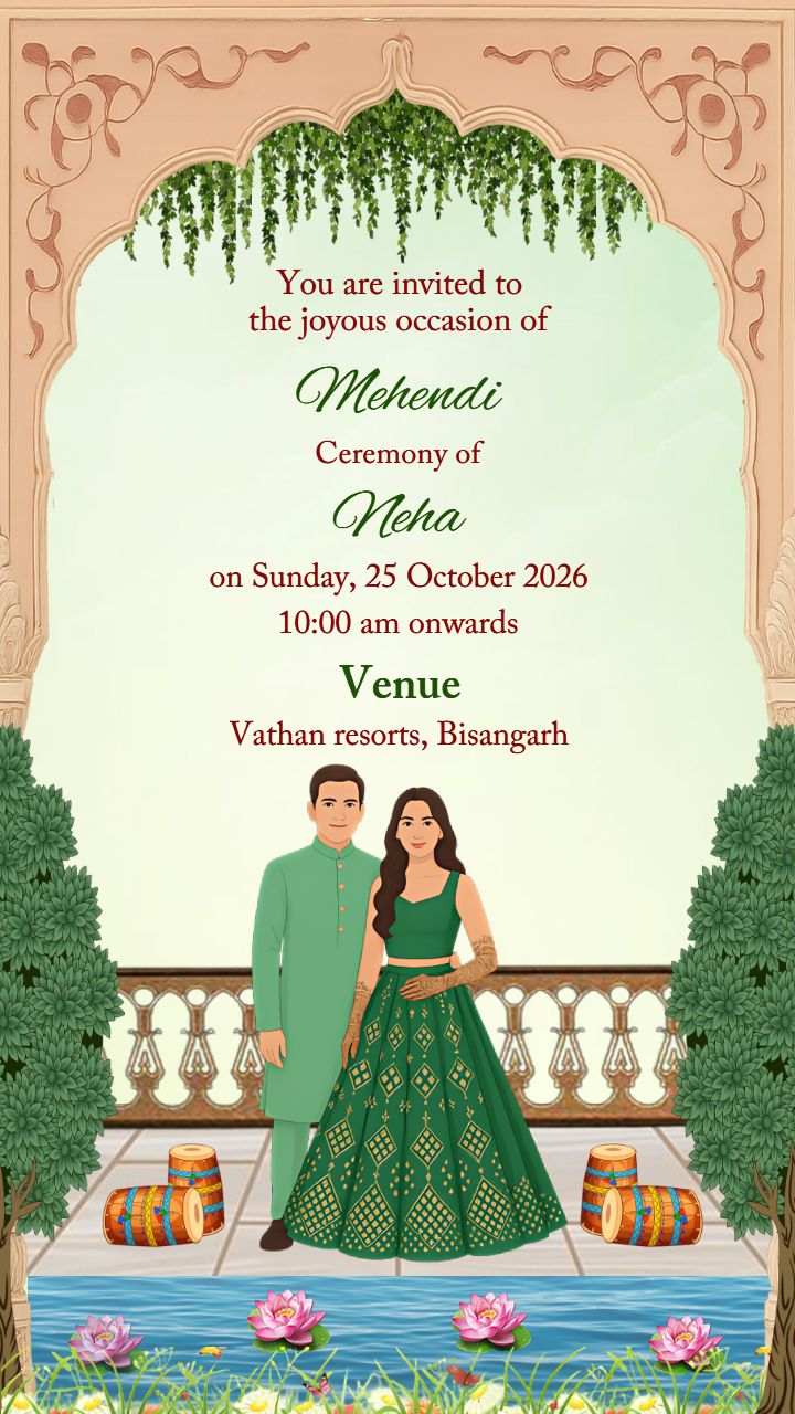 Beautiful Mehndi Invitation with Drums and Lotus