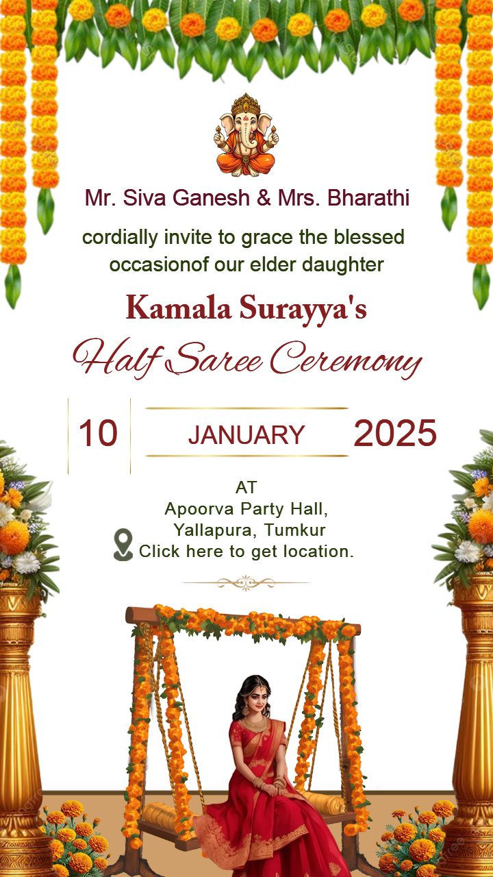 Elegant Half Saree Ceremony Invitation Card Designs