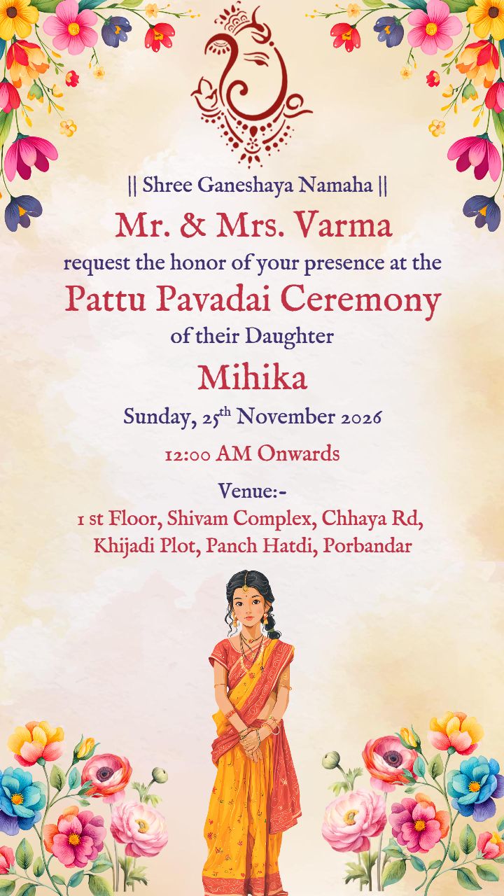 Elegant Pattu Padavai Ceremony Invitation Card