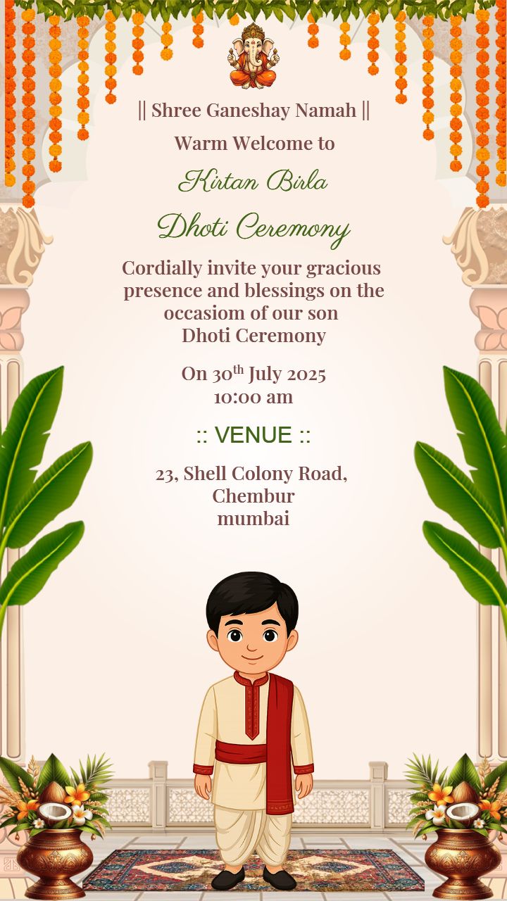 Stylish Dhoti Ceremony Invitation for Boys
