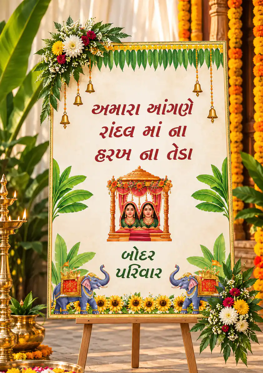 Randal Maa Welcome Board with Traditional Floral Mandap