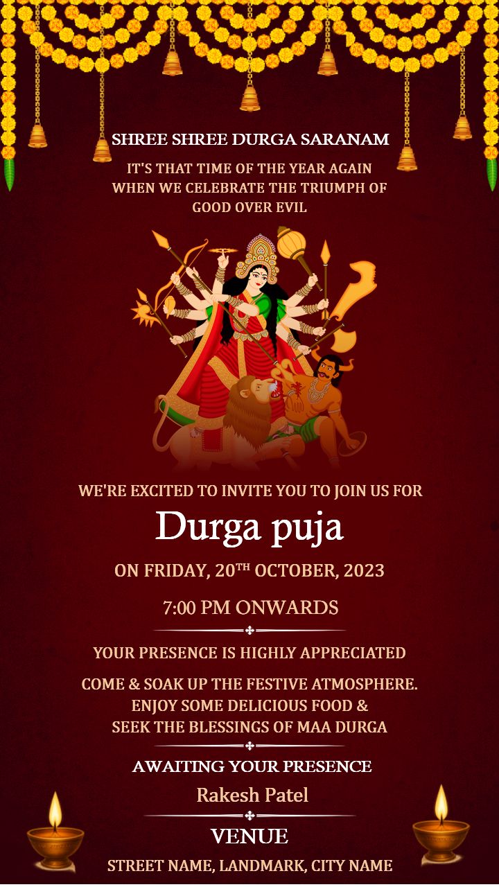 Durga pooja Invitation Card With Maroon Theme
