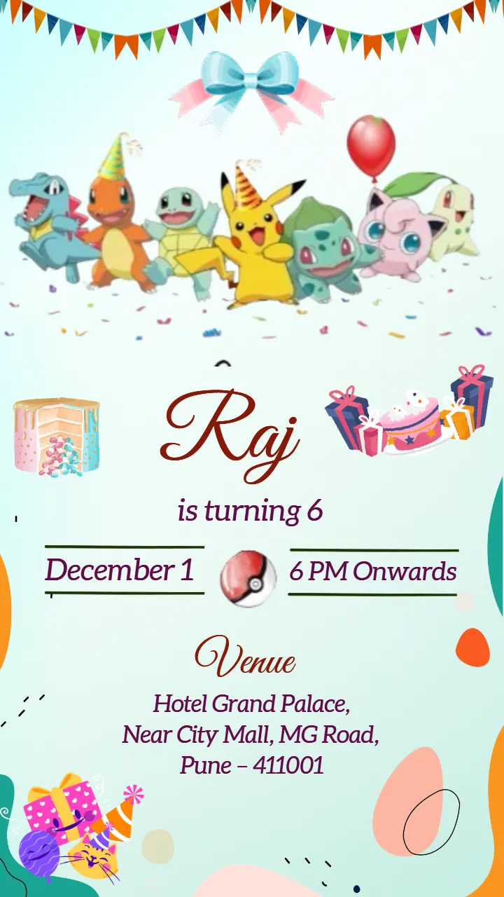 Bright Pokemon 6th Birthday Party Invitation for Boys
