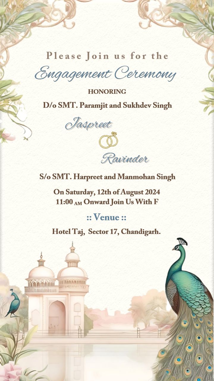 Golden Temple Engagement Invitation Card with Peacocks