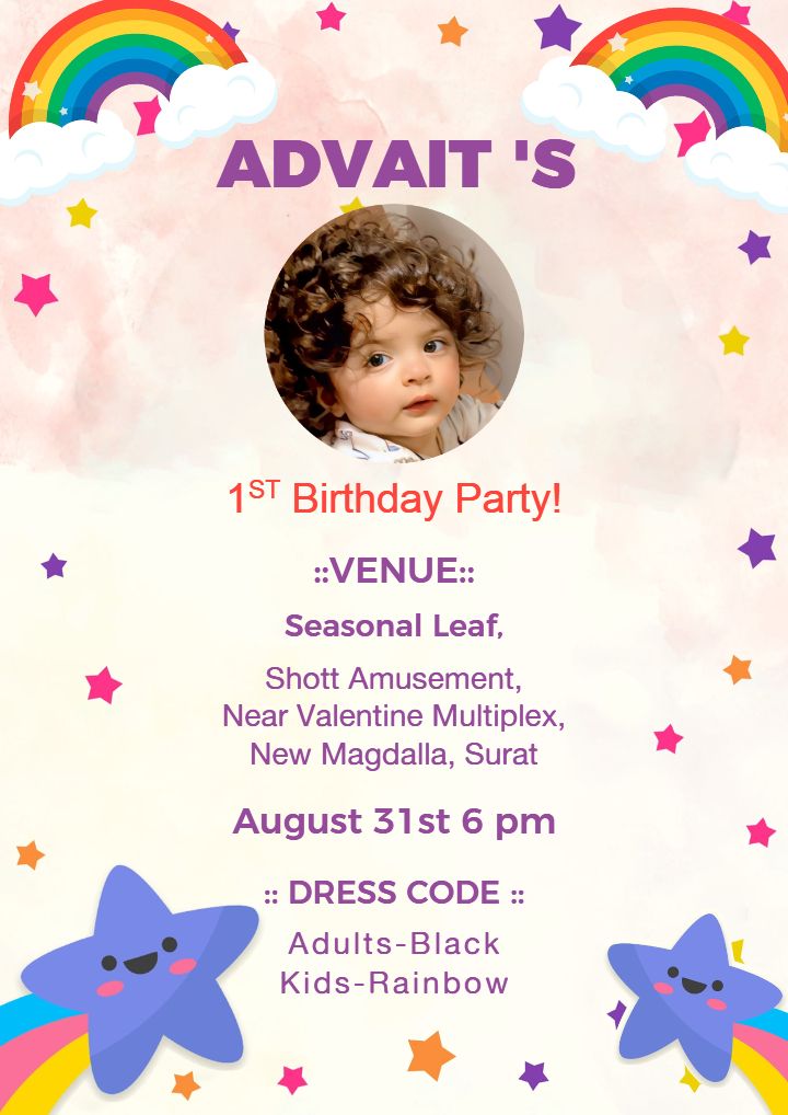 Rainbow Theme 1st Birthday Invitation Party for Baby Boy