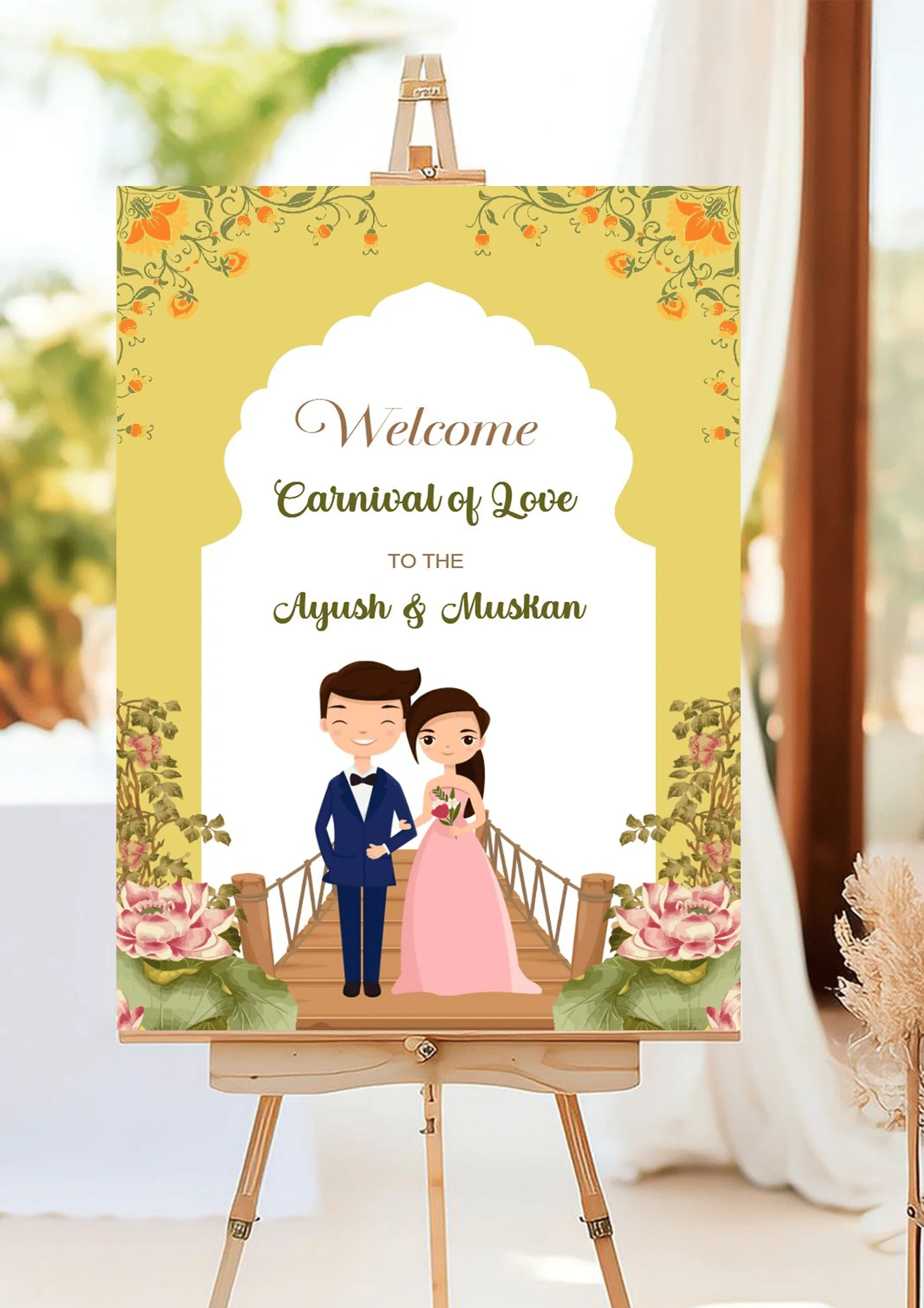 Cute Wedding Welcome Standee with Cartoon Couple