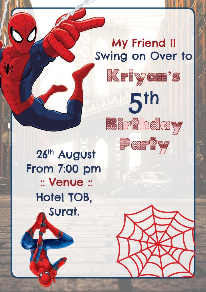 Spiderman Themed 5th Birthday Invitation Party Card for Boys