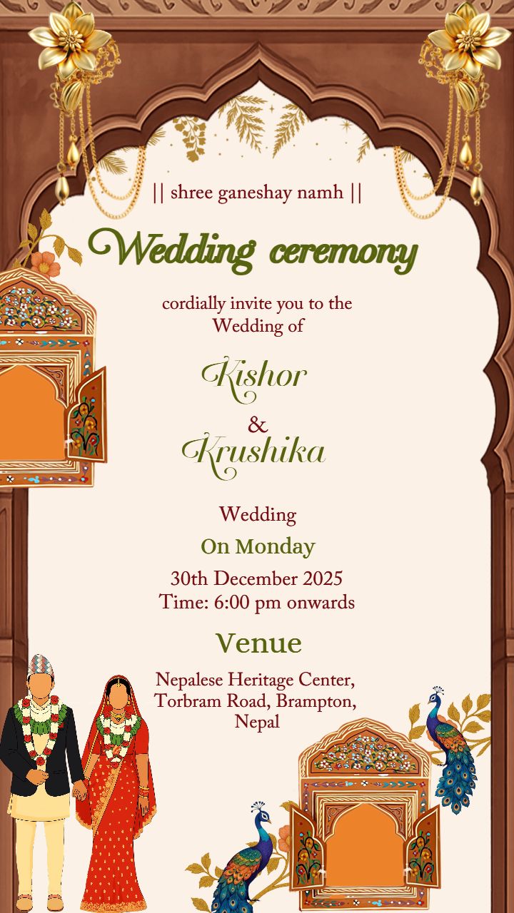 Traditional Nepali Wedding Invitation with Peacocks