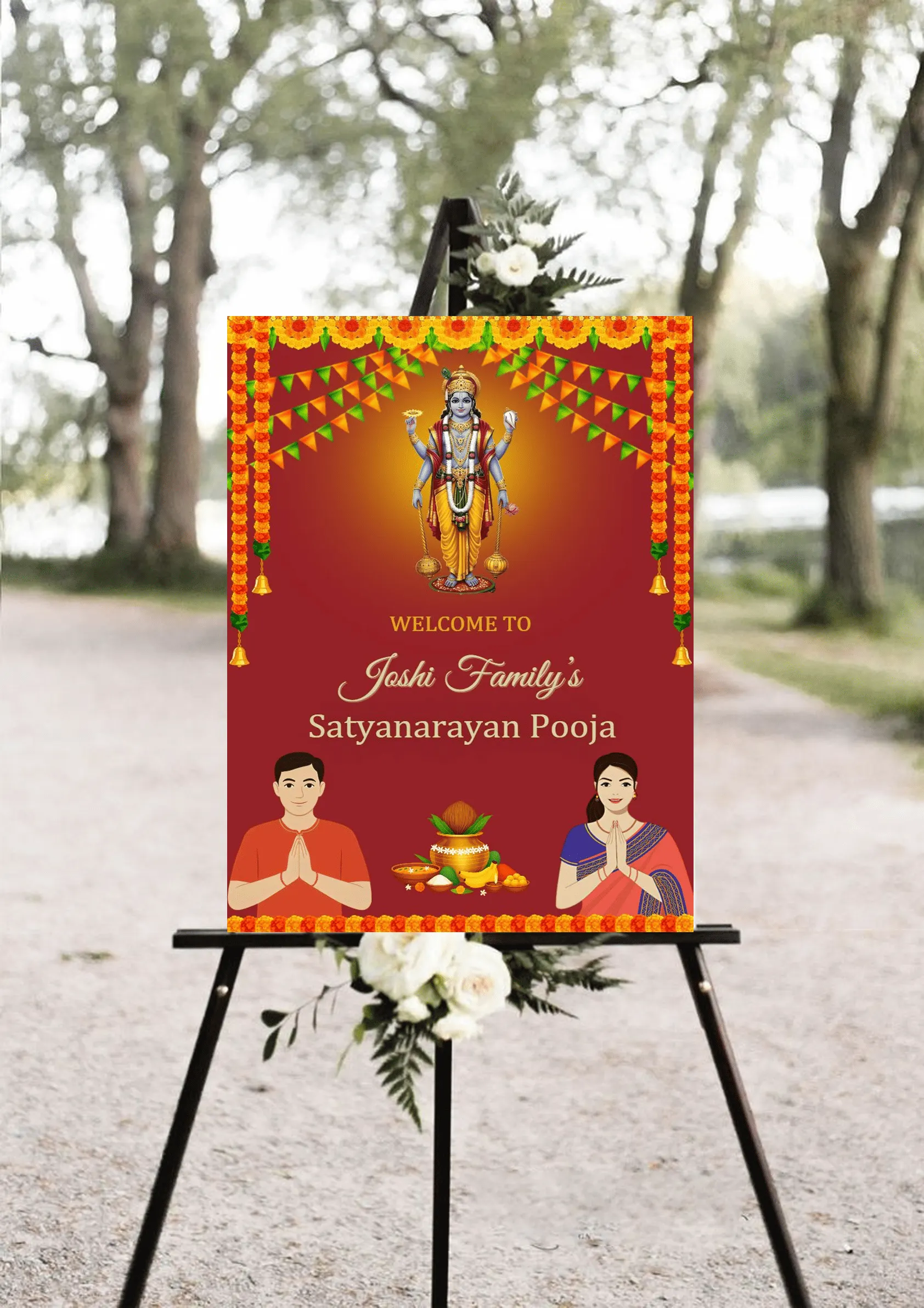 Satyanarayana Standee Board Invitation with Red Theme