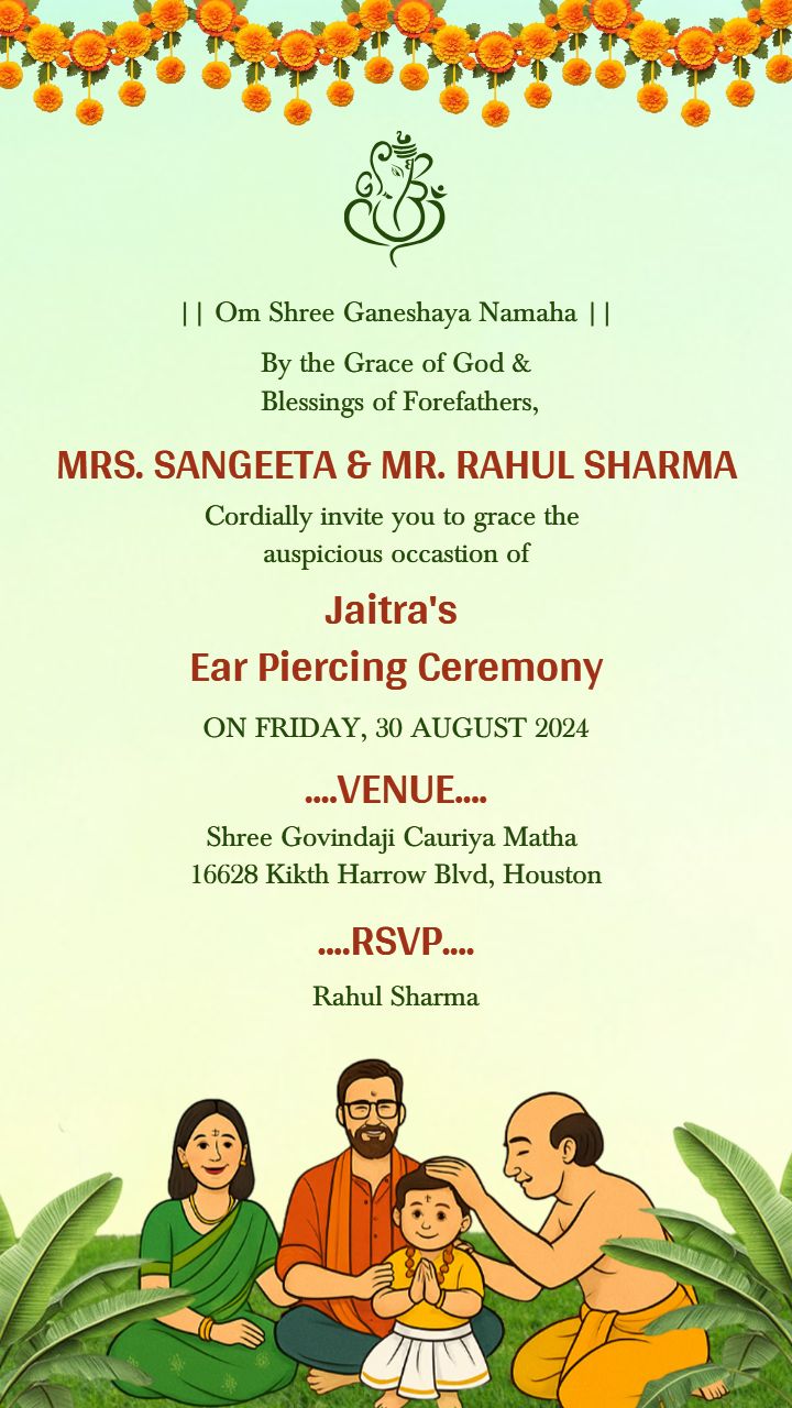 Green Colored Ear Piercing Ceremony Invitation In English