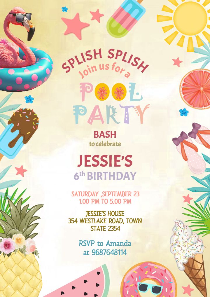 Pool Party Themed 6th Birthday Invitation Card for Girls
