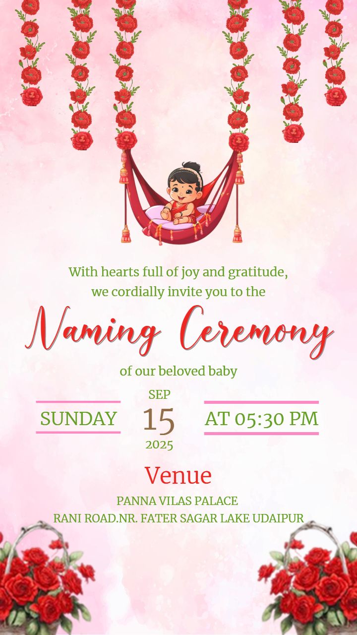 Naming Ceremony Card Design With Red Flower Theme