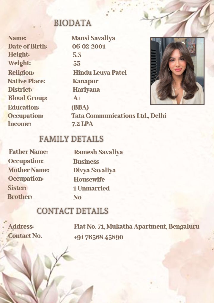 Easy-to-Fill Marriage Biodata for Female Template