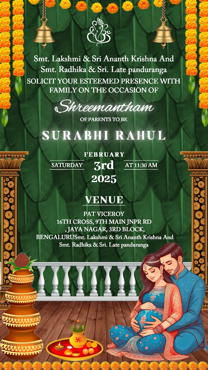 Seemantham Invitation Card in English with Traditional Theme