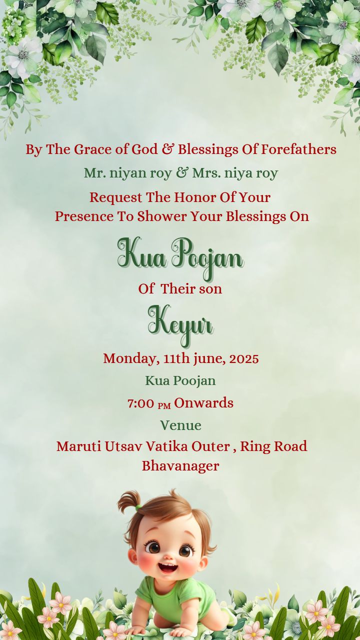 Kua Pujan Invitation Baby Boy Card With Green Floral Theme