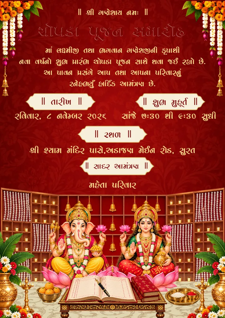Chopda Pujan Invitation Card in Gujarati for Diwali Occasion