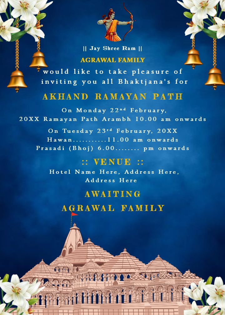 Akhand Ramayan Path Invitation in English with Temple Theme