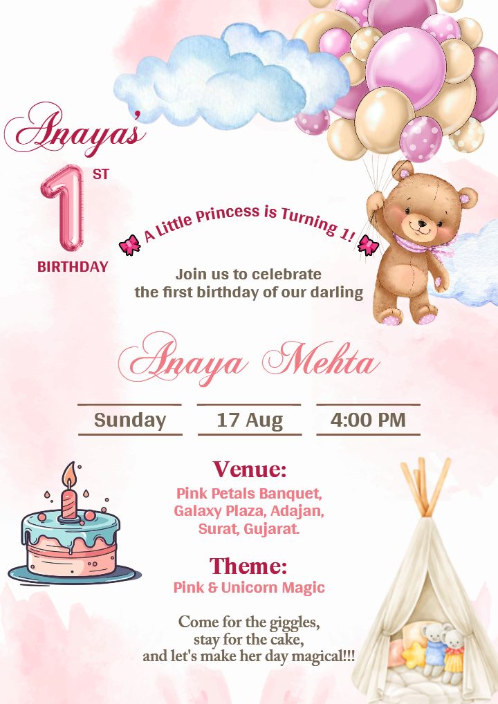 1st Birthday Invitation Card in English for Cute Princess