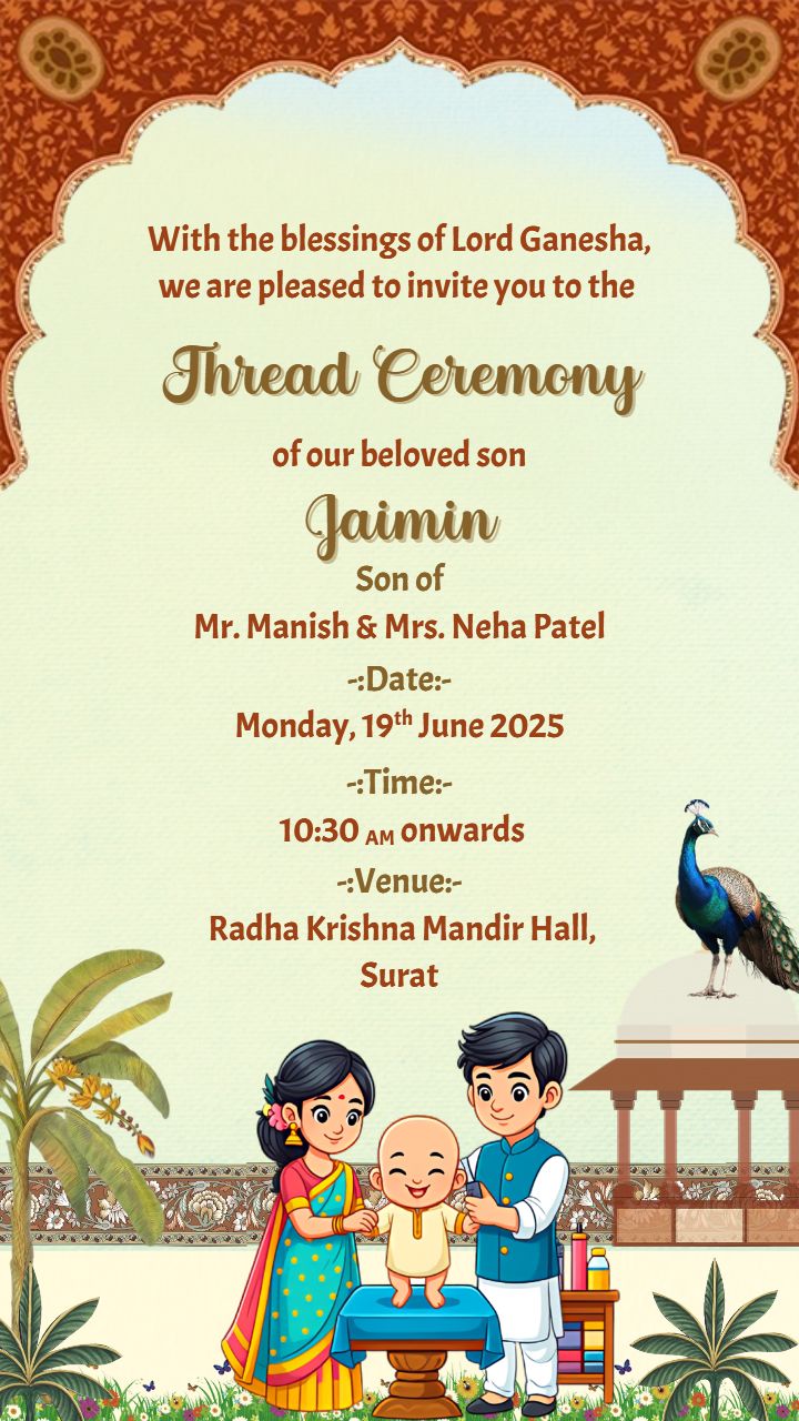 Thread ceremony invitation in English peacock border card